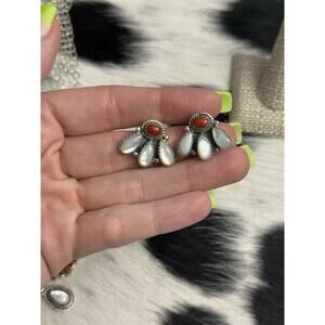 Native American Sterling Silver 925 Mother Pearl Red Coral Half Cluster Earrings